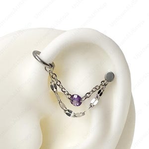 Industrial Double Chain for Stud Earring or Hoop Clicker or Piercing Amethyst Purple CZ Charm Dangle Draping Floating Hidden Stainless Steel