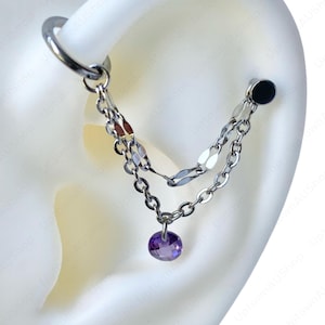 Industrial Double Chain for Stud Earring or Hoop Clicker or Piercing Amethyst Purple CZ Charm Dangle Draping Floating Hidden Stainless Steel