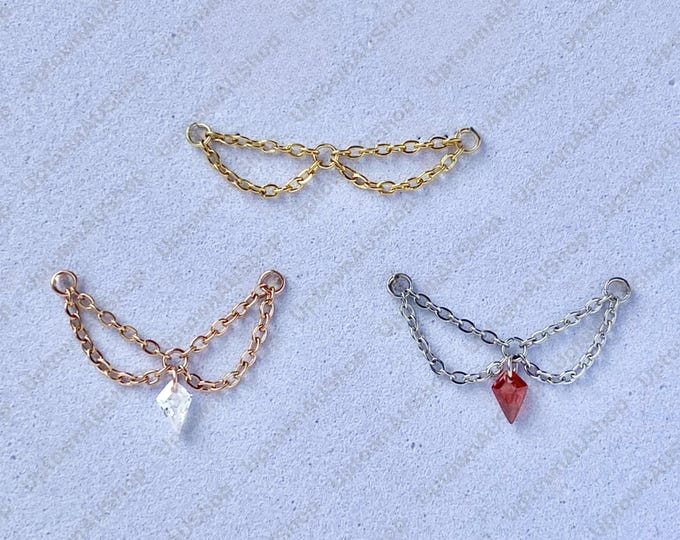 Earring Chain: Double Layer with Optional Kite CZ Charm in Clear or Garnet Red Colour, Stainless Steel Gold or Rose Gold, Fit 16G 18G 20G