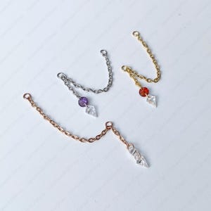 Earring Chain with Dangling Round and Kite Cubic Zirconia Charms, Add On Chain Attachment for Stud or Hoop Minimalist Dainty Stainless Steel