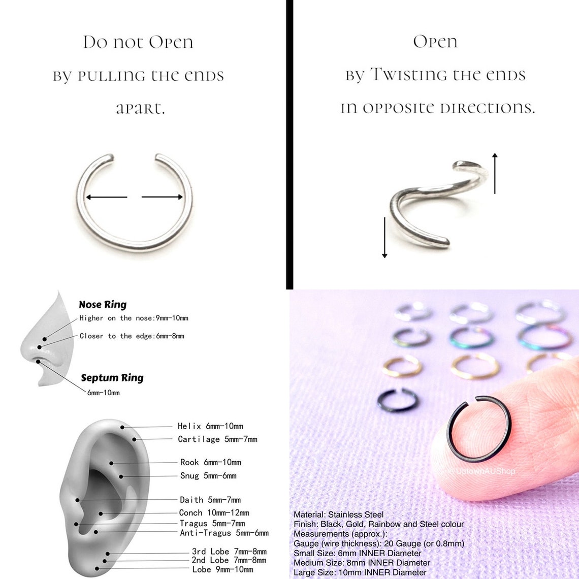 Stainless Steel Hoop Nose Septum Helix Cartilage Rook Conch Daith ...