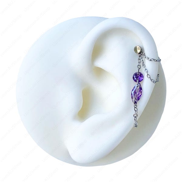 Helix Chain, Triple Layer Earring Chain with Amethyst Purple Garnet Red Crystal Clear CZ Circle Round Marquise Stainless Steel Cute Dainty