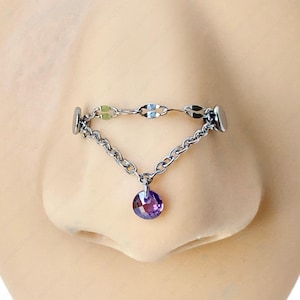 Nose Chain, Double Layer Chain for Double Nose Piercings with Dangling Amethyst Purple CZ Charm Stainless Steel Dainty Minimalist Cute