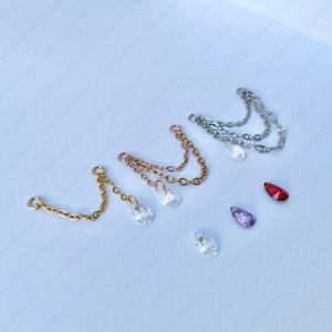 Earring Chain, Single Double or Triple Layer Chain with Dangling Clear Crystal Purple Red Teardrop Pear Water Drop CZ Charm Stainless Steel