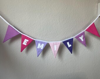 Personalized bunting in pink and purple tones with name, fabric garland for the nursery, gift for birth, birthday, children's room