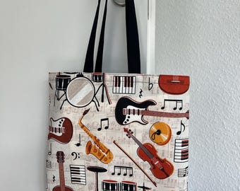 Fabric bag with music notes and instruments pattern, bag for music notes or similar, gift for musicians