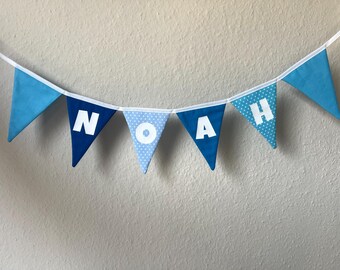 Personalized bunting in shades of blue with name, fabric garland for the nursery, gift for birth, birthday, children's room