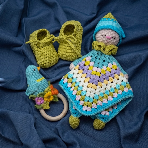 Ensemble de jouets pour bébé, couette, hochet, anneau de dentition, couverture de sécurité, pantoufles faites à la main, tricoté au Crochet, nouveau-né, bébé tout-petit, Snuggly Oganic, doudou câlin