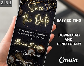 Puede incluir: Una invitación digital en negro y dorado para una celebración de cumpleaños número 50. La invitación presenta un fondo de purpurina dorada con el texto "Save the Date" en amarillo neón. La invitación también incluye el nombre "Braian Johnson", la fecha "Domingo, 25 de agosto" y el texto "Invitación formal a seguir".