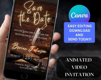 Invito digitale animato a tema whisky Save the Date per la festa di compleanno degli uomini, modello modificabile, invito video di compleanno per adulti, moderno 171