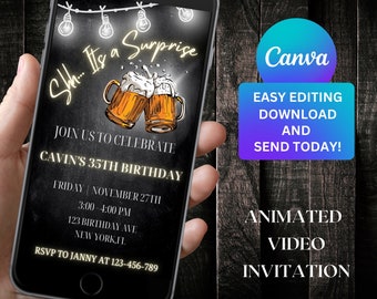 Editable Beer Birthday Video Invitation Template Surprise birthday invitation Digital Beer Party Invitation adult Electronic invite  10
