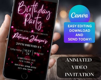 Bearbeitbare Geburtstagsfeier-Rosa Einladungsvorlage Digitaler Geburtstag einladen Animierte Videoeinladung elektronische Evite Sofort-Download 104