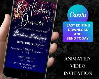 Pode incluir: Um convite de vídeo animado azul e roxo para um jantar de aniversário de 30 anos. O convite apresenta um fundo de fogos de artifício com brilho dourado e o texto "Birthday Dinner". O convite inclui a data, a hora, o local e as informações de RSVP.
