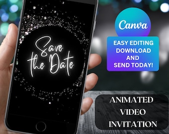Modello di invito digitale nero argento Save the Date, minimalista, modificabile, Save The Date per donna, invito video animato, download immediato 59