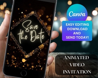 Digital Black Gold Neon Save the Date Animated Video Invitation for Woman Minimalist Save The Date Editable Template Instant Download 64