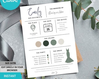 May include: A printable bridesmaid card with a green, white, and beige color scheme. The card features the text "Emily Bridesmaid" and includes details about the wedding, such as the date, location, and dress code.