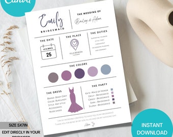 May include: A printable bridesmaid card with a purple dress illustration and text that says "Emily Bridesmaid". The card includes details about the wedding date, location, duties, colors, and the bridal party.