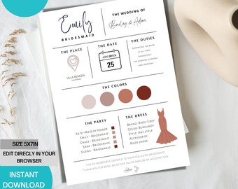 Bridesmaid Information Card |  Bridal Party Info Card | Bridesmaid Info Card Template | Modern Minimalist Bridesmaid Infographic | Editable