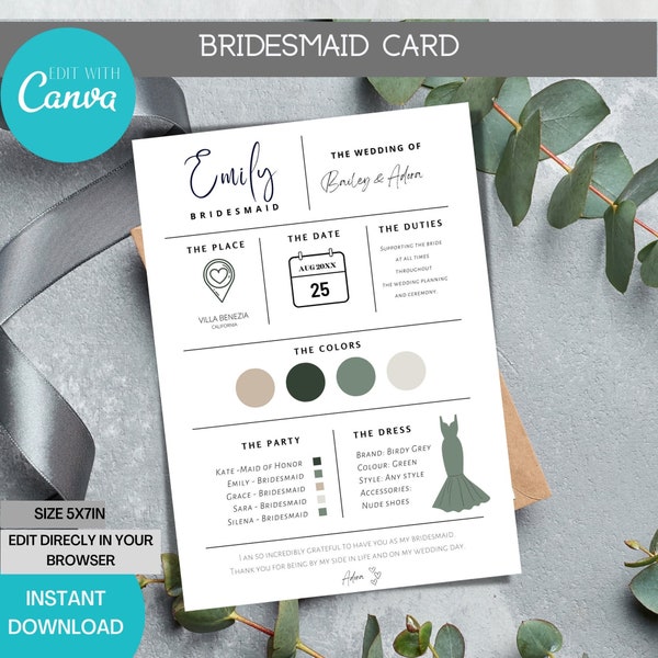 Bridesmaid Info card editable template Customizable bridal party information card Minimalist Bridesmaid Infographic Bridesmaid Proposal Card
