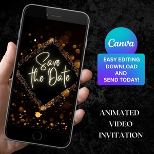 Digital Black Gold Neon Save the Date Animated Video Invitation for Woman Minimalist Save The Date Editable Template Instant Download 146