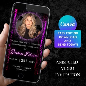 Editable Pink Neon Invitation Template with photo Digital Save The Date Invite Instant Download Birthday Animated Video Invitation 97