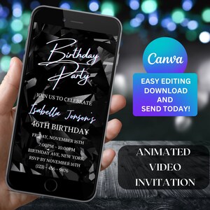 Può includere: Un invito video animato in bianco e nero per una festa di compleanno di 46 anni. L'invito presenta uno sfondo nero con un motivo a diamante e il testo "Birthday Party" in bianco con un contorno rosa. Il testo "Isabella Jonson's 46th Birthday" è anche incluso in bianco con un contorno rosa. L'invito include la data, l'ora, il luogo e le informazioni RSVP. Il testo "Canva Easy Editing Download and Send Today! Animated Video Invitation" è anche incluso in bianco con un contorno rosa.