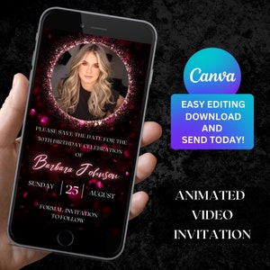 Digital Black and Pink Neon Save the Date Animated Video Invitation for Woman with photo Save The Date Instant Download Editable Template 91