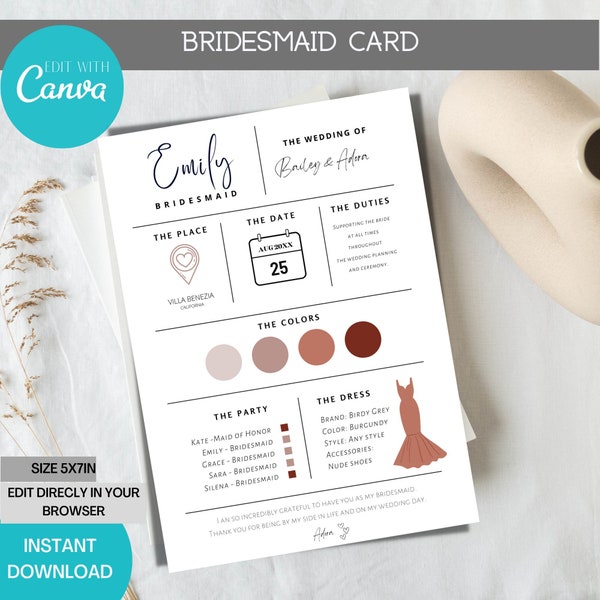 Bridesmaid Information Card |  Bridal Party Info Card | Bridesmaid Info Card Template | Modern Minimalist Bridesmaid Infographic | Editable