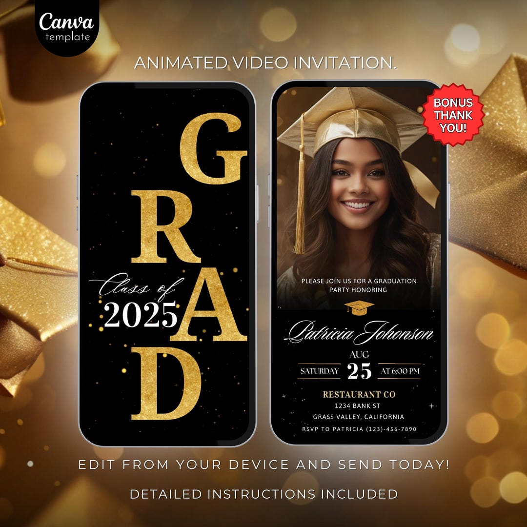 College Graduation 2025 Editable Invitation - Animated Gold Class of ...
