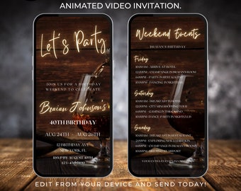 Invito digitale a sorpresa a tema whisky per il compleanno degli uomini Invito video modificabile Modello di itinerario per il weekend di compleanno a tema whisky 190