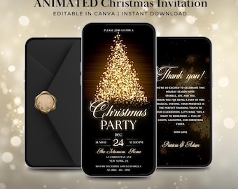 May include: Animated Christmas invitation template. The design features a black envelope with a gold seal, and three smartphones displaying a Christmas party invitation with a gold Christmas tree design. Text includes "Christmas Party" and "Thank you!"