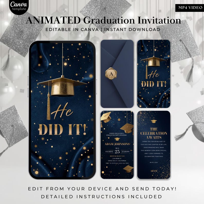 He Did It Graduation Invitation Template 2026, Animated Graduation Evite, Editable Canva Grad Party Invite, Navy Blue Gold Grad Invite bild 14