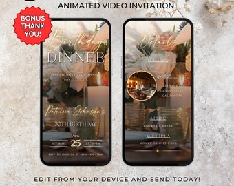 Animerad videoinbjudan till födelsedagsmiddag, varm hygge, mysig, digital födelsedagsfestinbjudan, textinbjudan till födelsedagsmiddag, middagsfest 545