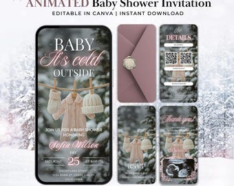 May include: Animated baby shower invitation template with a winter theme. The design features a smartphone with the text "Baby It's cold outside" and baby clothes hanging on a clothesline. Includes details, RSVP, and thank you cards.