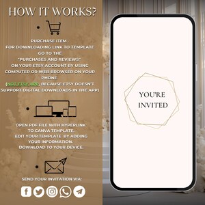 Pode incluir: Uma ilustra&ccedil;&atilde;o digital de um smartphone com uma moldura geom&eacute;trica dourada que diz "You're Invited". A imagem &eacute; acompanhada de instru&ccedil;&otilde;es sobre como comprar e baixar um modelo digital para um convite de casamento.