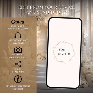 Pode incluir: Uma maquete de smartphone com fundo branco e uma moldura geom&eacute;trica dourada que diz "You're Invited". O telefone est&aacute; rodeado de flores brancas e uma plataforma branca. O texto "Edit from your device and send today!" est&aacute; na parte superior da imagem. O texto "Canva" est&aacute; no canto superior esquerdo da imagem. Abaixo do texto "Canva" h&aacute; &iacute;cones para carregar uma m&uacute;sica, adicionar uma foto pessoal, compartilhar em todos os aplicativos e instru&ccedil;&otilde;es detalhadas inclu&iacute;das.