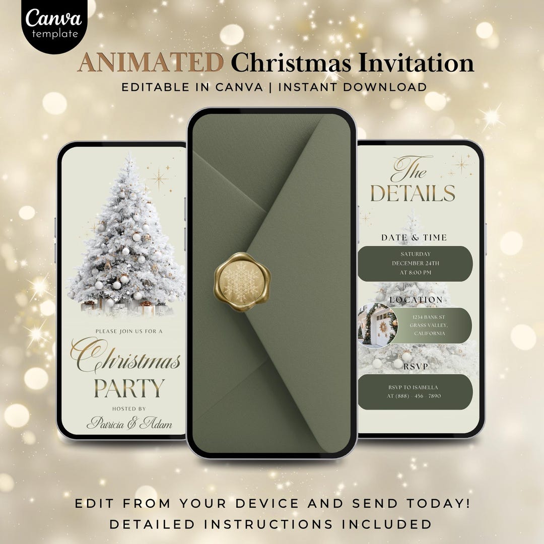 Elegant Christmas Party Invitation Template, Green Gold Holiday Digital ...