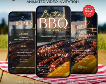 Modello di invito per barbecue in giardino, invito per grigliata di compleanno, Let's grill, itinerario digitale, invito animato, modello Canva modificabile