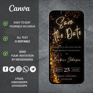 Op de afbeelding: Een gouden glitter save the date telefoonuitnodiging met de tekst "Save the Date" in een gouden schrijflettertype. De uitnodiging is voor de 30e verjaardag van Barbara Johnson op zaterdag 25 augustus. De tekst "Formele uitnodiging volgt" is ook inbegrepen.