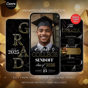 Digitale Einladung zur Abschlussfeier, animierte Goldene College-Ankündigung, selbst bearbeitbare Canva-Vorlage eCard 772