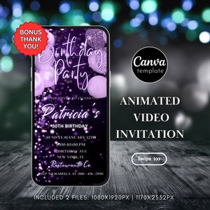 Editable Purple Birthday Party Invitation Template Digital Animated Video Invite Phone Evite with Purple Balloons Instant Download 357