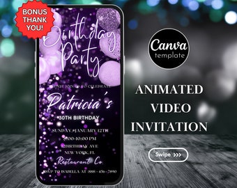 Bearbeitbares Lila Geburtstagsparty-Einladungsvorlage Digital Animiertes Video Einladen Telefon Evite mit Lila Luftballons Sofortiger Download 357