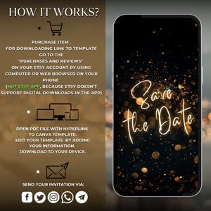 May include: A digital illustration of a smartphone with a black background and gold glitter. The text "Save the Date" is written in a gold script font. The image is accompanied by instructions on how to purchase and download a digital template for a save the date card.