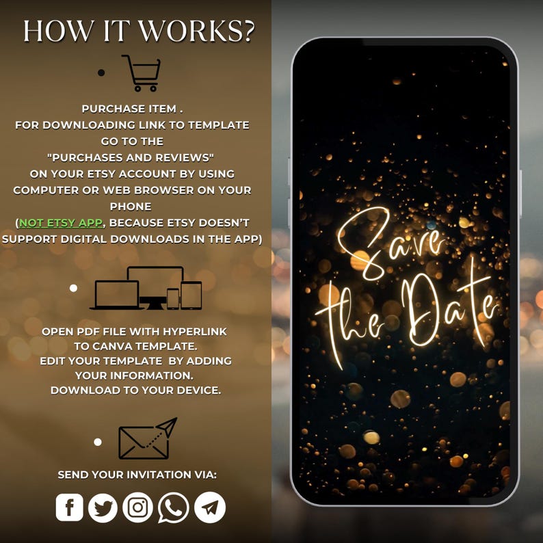 May include: A digital illustration of a smartphone with a black background and gold glitter. The text "Save the Date" is written in a gold script font. The image is accompanied by instructions on how to purchase and download a digital template for a save the date card.