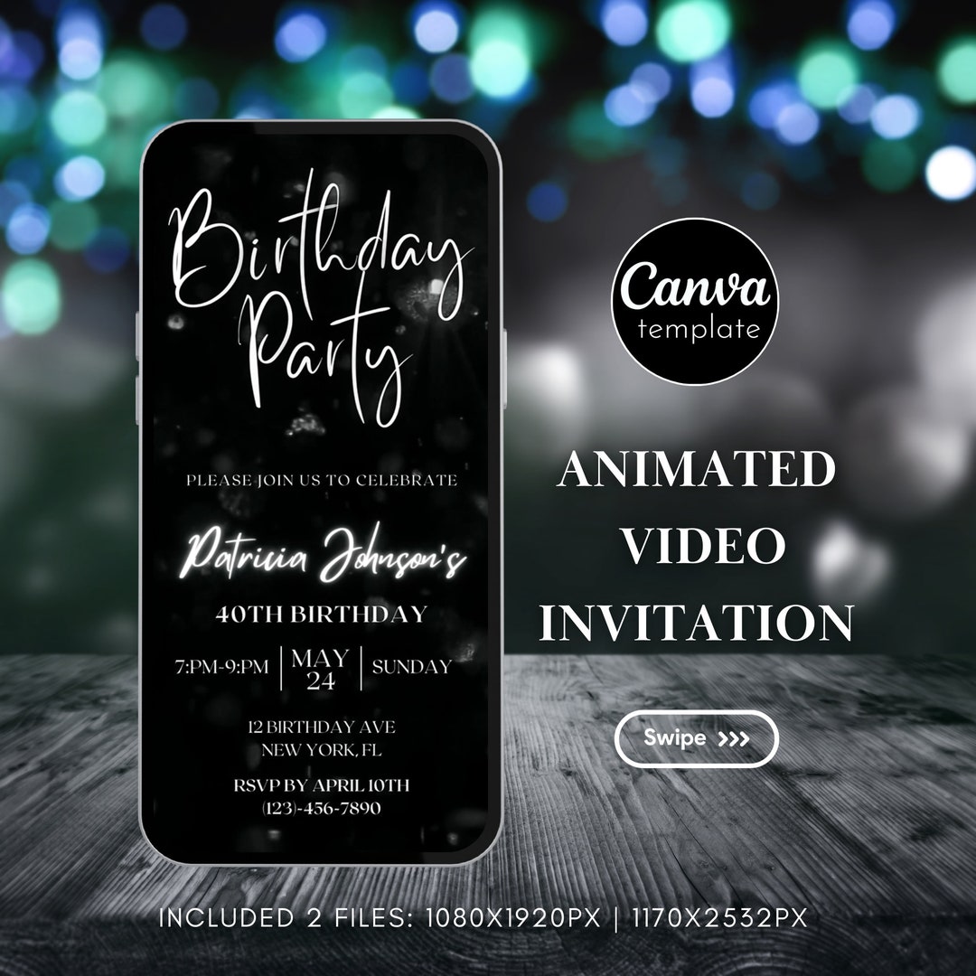 Editable Black and White Birthday Invitation Template Digital