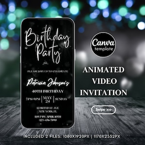 Editable Black and White Birthday Invitation Template Digital Minimalist Invite Animated Invitation Video Birthday Party Evite 98