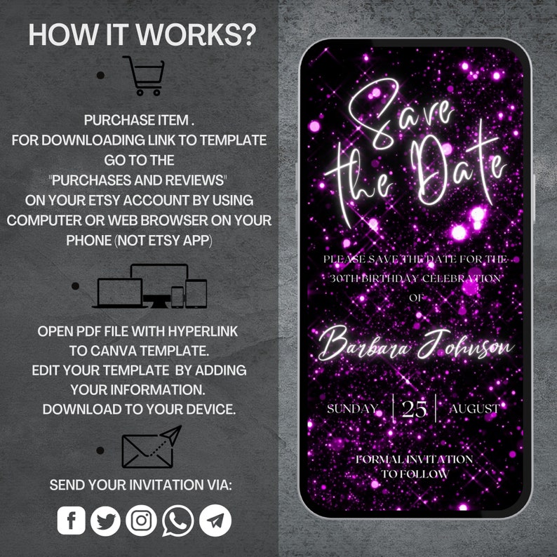 Puede incluir: Una invitaci&oacute;n digital de color morado y negro con purpurina brillante. El texto dice "Save the Date" con un contorno blanco. La invitaci&oacute;n es para la celebraci&oacute;n del 30 cumplea&ntilde;os de Barbara Johnson, el domingo 25 de agosto.