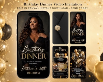 Black Gold Birthday Invitation Video, Luxury 30th Birthday Dinner Invite, Elegant Adult Birthday Party Invitation, Canva Video Template