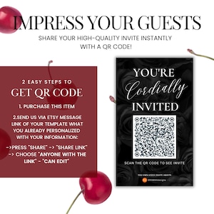 Puede incluir: Un dise&ntilde;o de invitaci&oacute;n con el texto "IMPRESS YOUR GUESTS" y "YOU'RE Cordially INVITED". La invitaci&oacute;n incluye un c&oacute;digo QR para acceso instant&aacute;neo e instrucciones. Las cerezas se colocan en las esquinas.