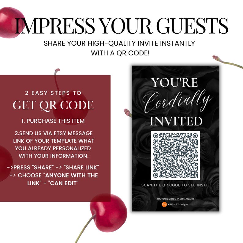 Puede incluir: Un dise&ntilde;o de invitaci&oacute;n con el texto "IMPRESS YOUR GUESTS" y "YOU'RE Cordially INVITED". La invitaci&oacute;n incluye un c&oacute;digo QR para acceso instant&aacute;neo e instrucciones. Las cerezas se colocan en las esquinas.